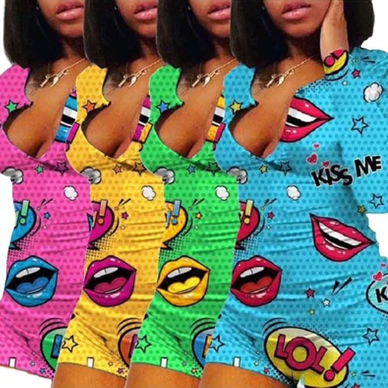 
Sexy Women Print Bodysuit Bodycon Sleepwear Jumpsuit Shorts Pijamas Romper Leotard Long Sleeve Pyjama Onesie Pajama Adult 