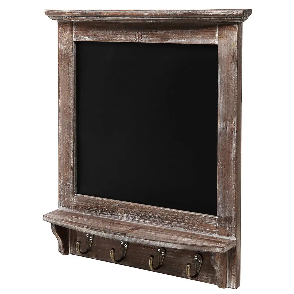 
Wall Mounted Country Brown Rustic Wood Framed Memo Black Chalkboard with 4 Hooks for Keys 