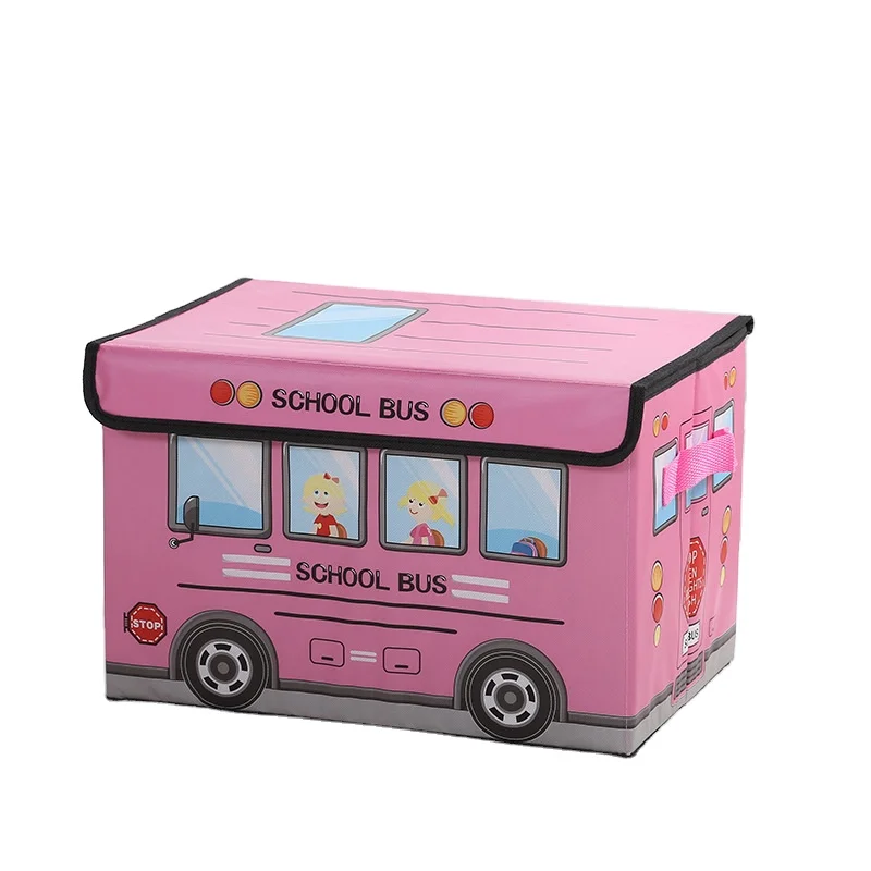 New arrival cute design cartoon school bus foldable storage organizer printed toy storage box for kids