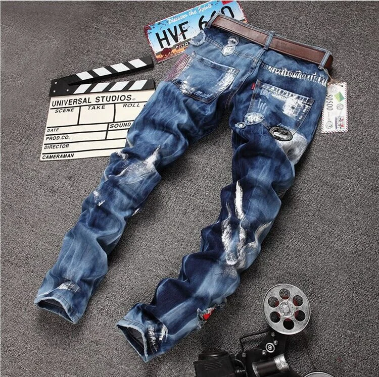 Custom Biker Pattern Pants Trouser Ripped Straight Patchwork Printing Fabric Inside Waist Rivet Streetwear Punk Men Torn Jeans