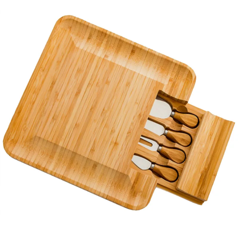 Wholesale square bamboo cutting cheese charcuterie wine board with 2 drawers cheese knives tools cutlery set for appetizers