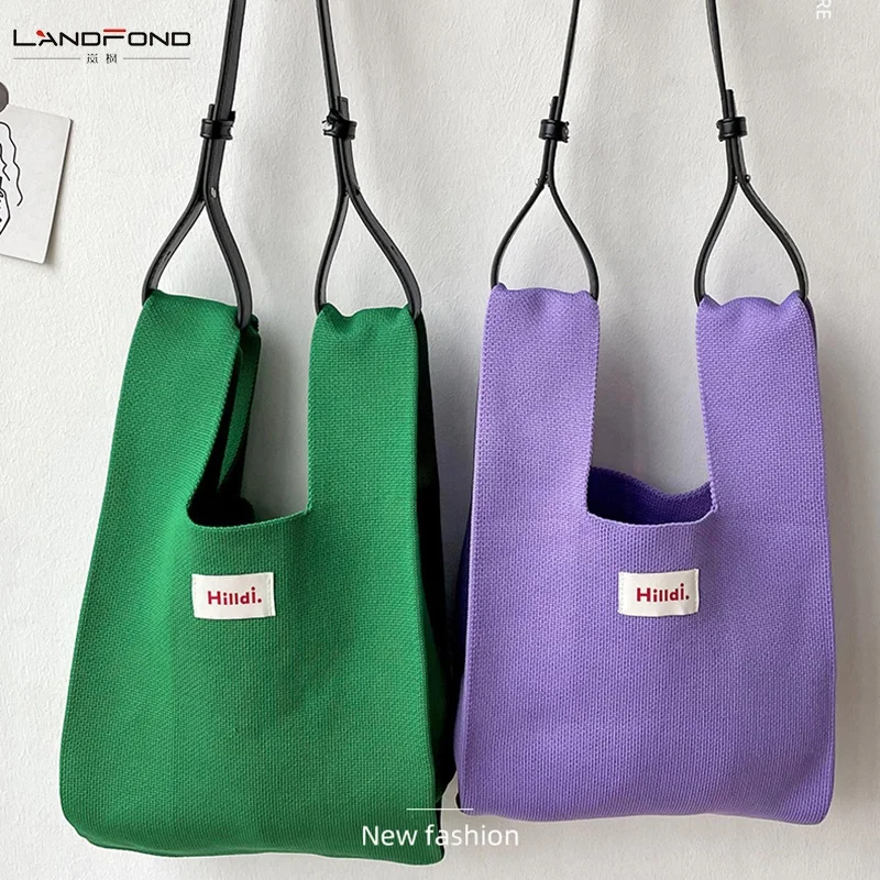 Landfond accessory Women Fashion Shoulder Bag Large Capacity Tote Wool Polyester Woven Crochet Knitted Bag