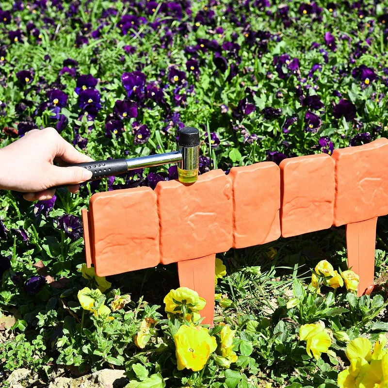 Garden Edging Border Gardening Lawn Fence Plastic Cobblestone Effect Lawn Trimming 4 pcs of Foldable Stitching Grey Orange