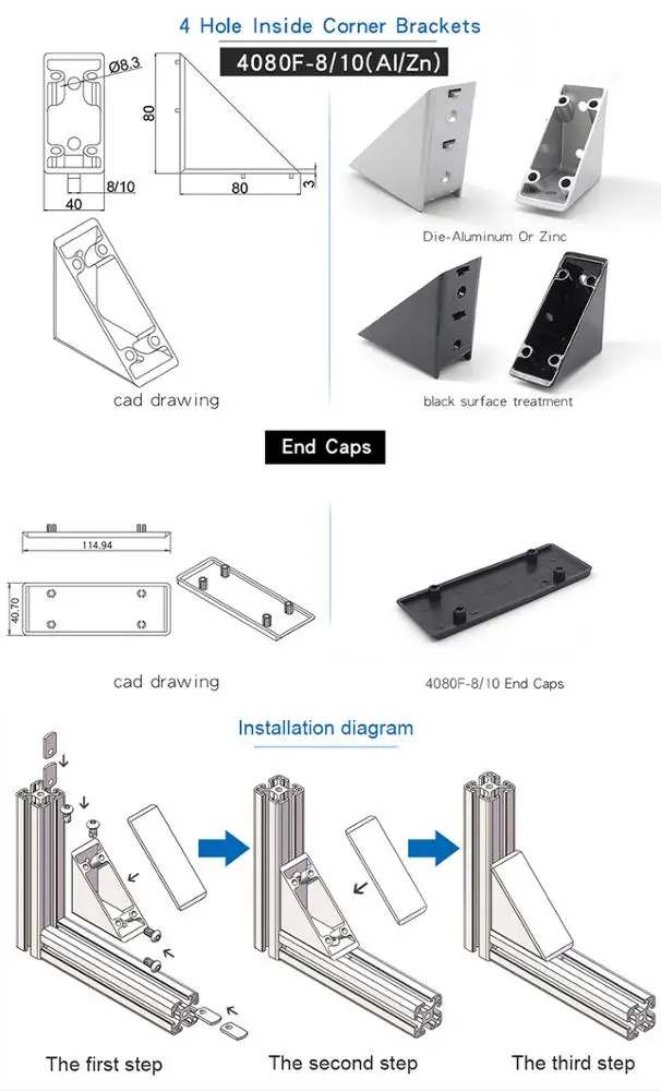 1164 china manufacturer aluminum bracket 40*80  for aluminum profile 4080f 4080 3060 2040