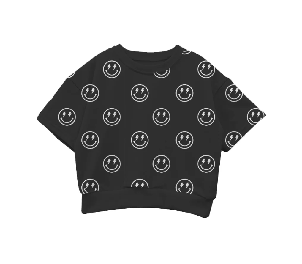 baby kids smile face lightning bolt printing oversized sweatshirts summer fashion boys girls short sleeves sweatshirt