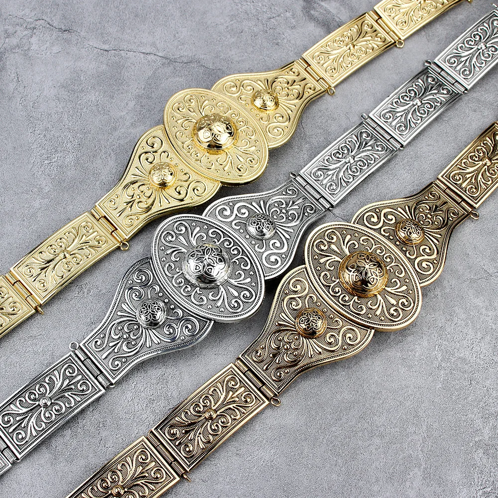 Metal Robe Caftan Belt for Women Waist Belt Chain Adjustable Length Emboss Flower Wedding Jewelry Caucasus Waistband