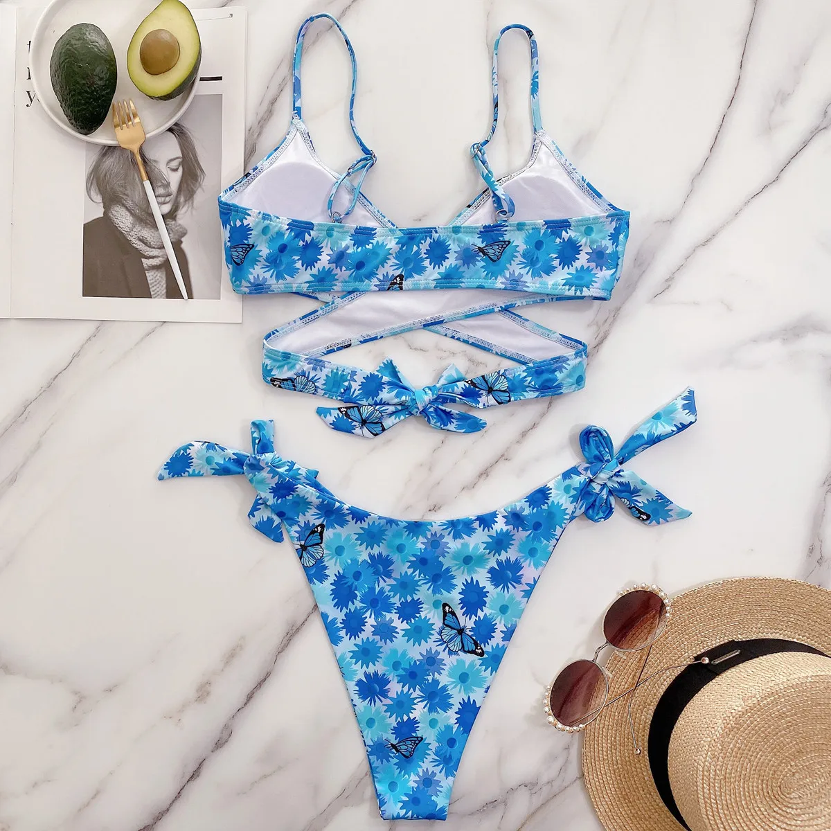 2022 Cross Sling Sleeveless Triangel Bikini 2 Pieces Deep V Backless Cheeky Blue Butterfly Women Floral Printed Swimwear