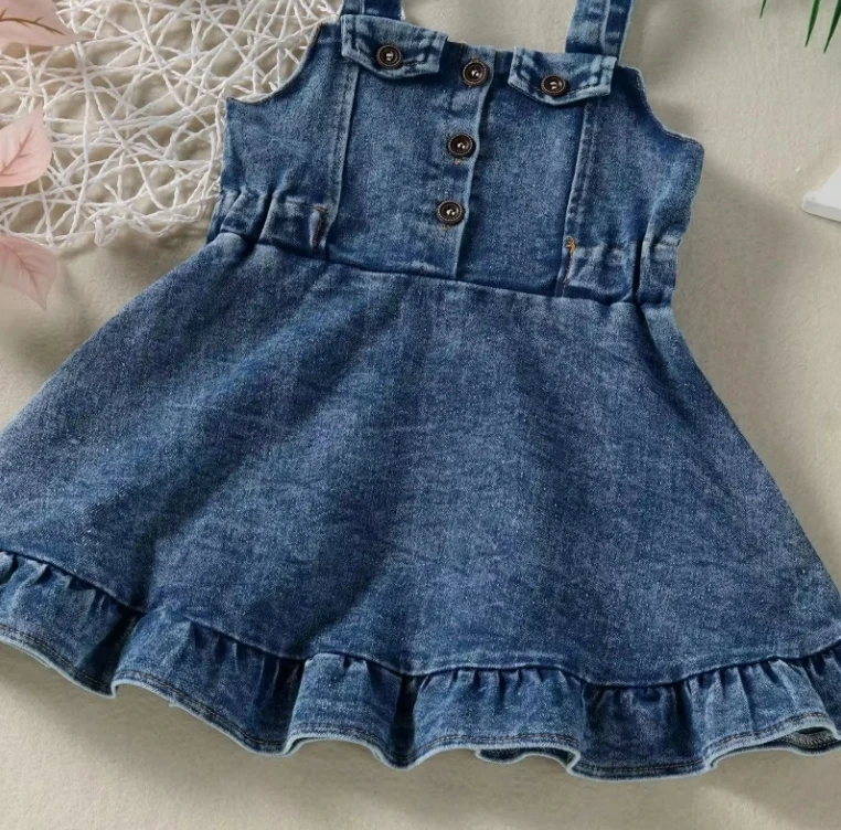 Stylish Baby Dresses Denim Suspenders Ruffle Bottom Fashionable Children Casual Clothing