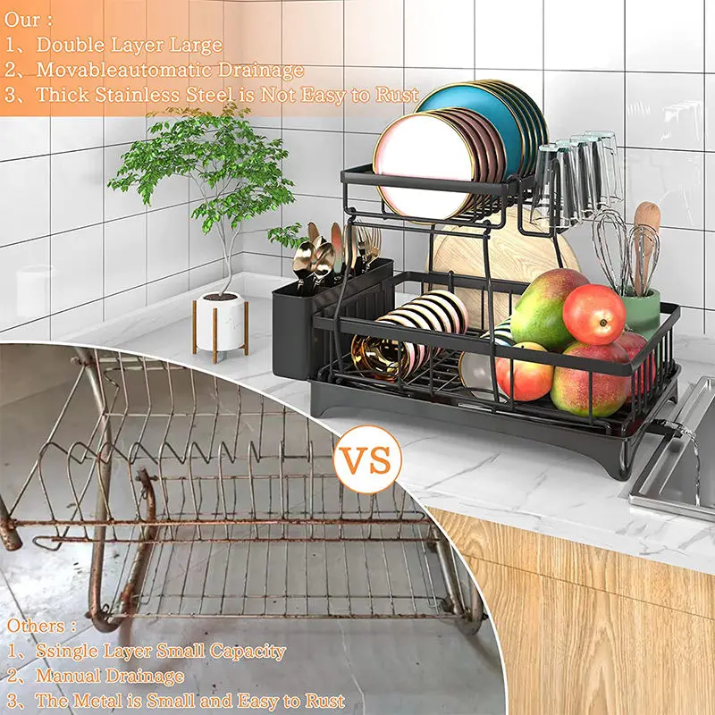2 Tier Dish Drying Rack Cutlery Drainer Dish Storage Holder Detachable Multifunction Countertop Kitchen Dish Rack Drainer