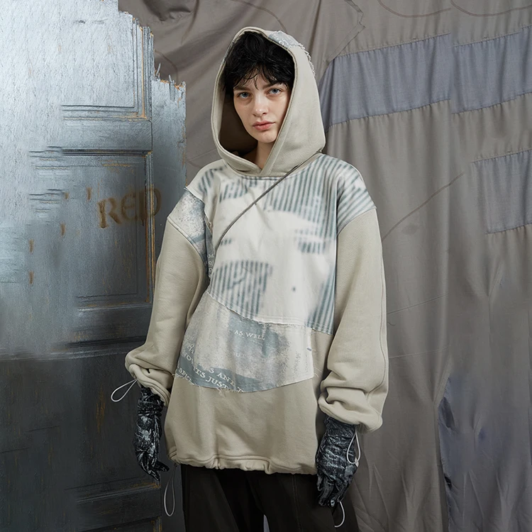 OEM Hooded Sweatshirt Korean Design Hip Hop Techwear Extra Large Baggy Distressed Patchwork Men Hoodies