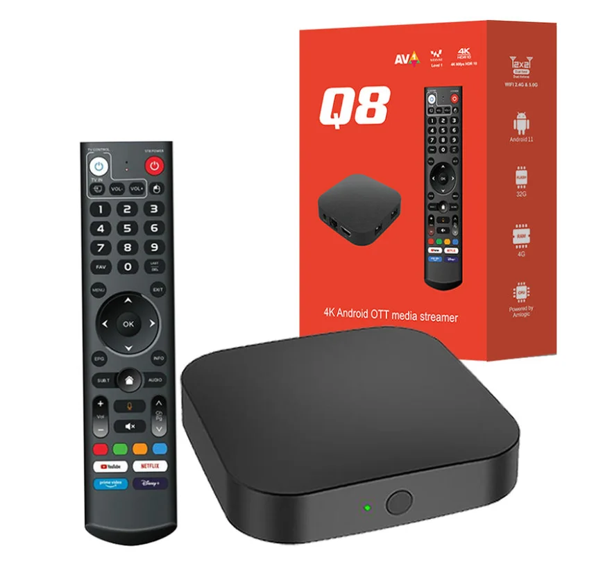 Wholesale Q8 android tv box 2.4G 5G dual wifi  Amlogic S905Y4 4G 32G AV1 4K Video player Set Top Box q8 android 11 smart tv box