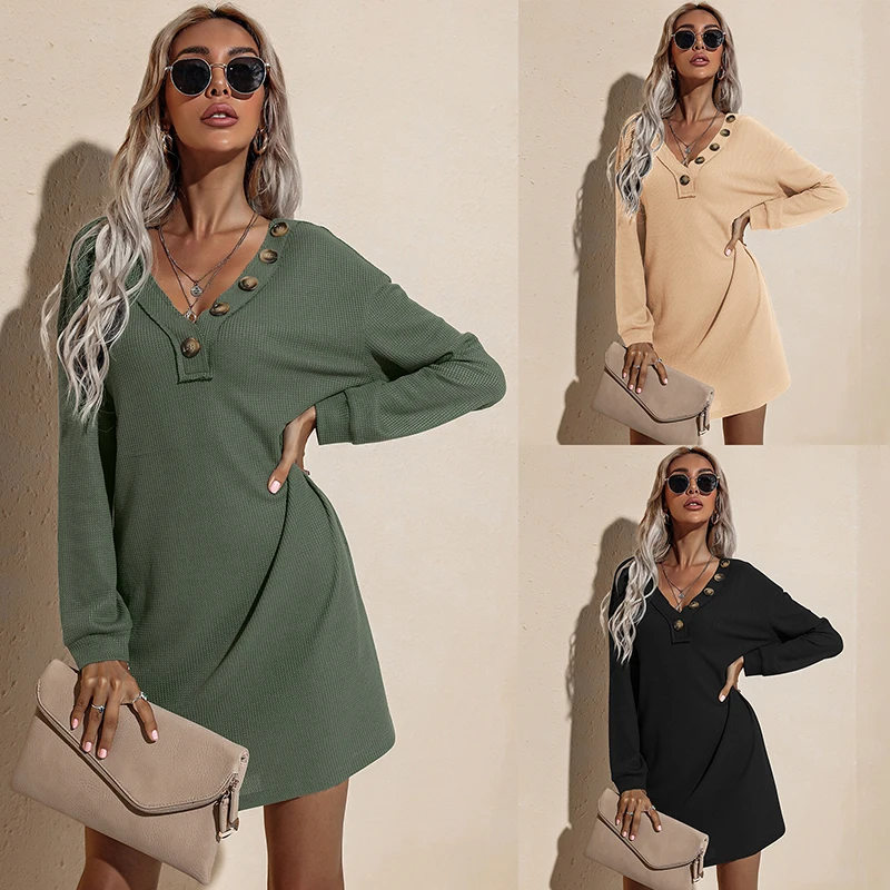 2021 Casual V-Neck Long Sleeve Sexy Fall Winter Street Wear Army Green Knitting Loose Plus Size Shirt Dress for women