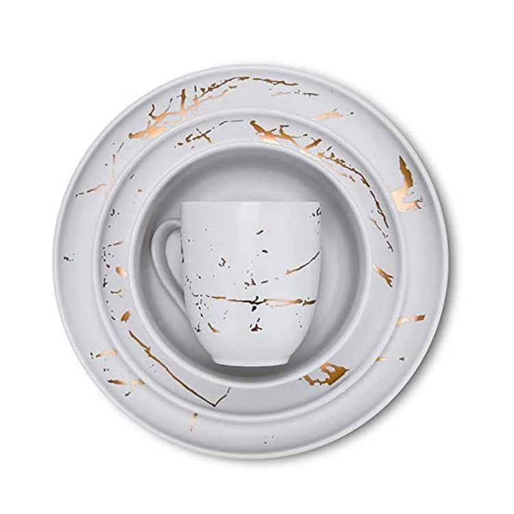 Luxury Modern Gold Marble Designer 16 Piece Germany Western Porcelain Ceramic Fine China Dinnerware Set For 4 Person