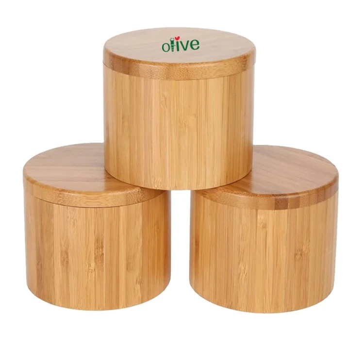 Drop Shipping Bamboo Seasonings Box with Lid Pepper Spice Cellars Salt Sugar Storage Container Case for Kitchen Pot Round Jar