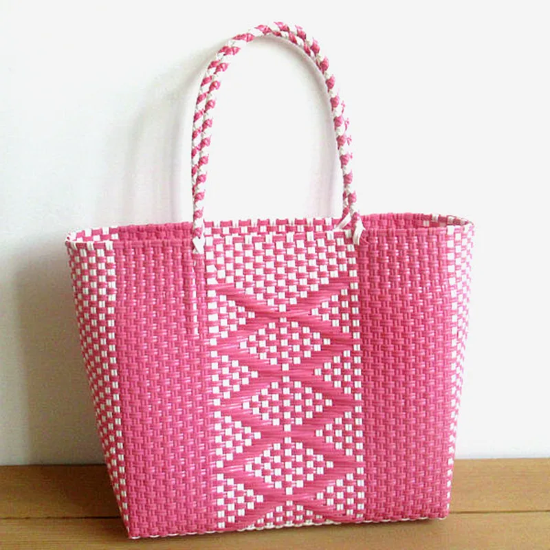 Handwoven PP Strap Weaving Handbag Fashion Colorful Mexico Plastic Weave Bag Beach Handbag for Ladies