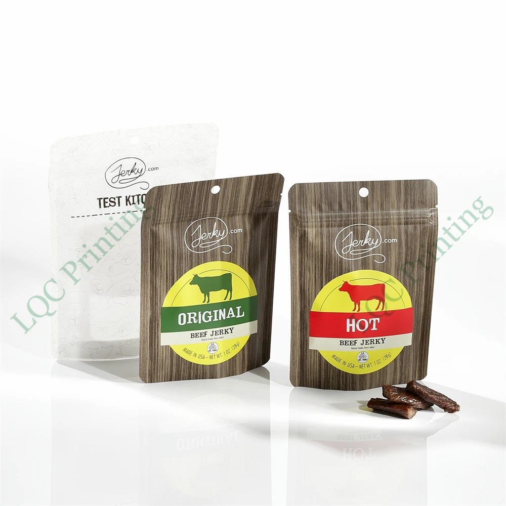 Customized printed beef Jerky food snacks nuts stand up pouch packaging bags with resealable zipper window foil