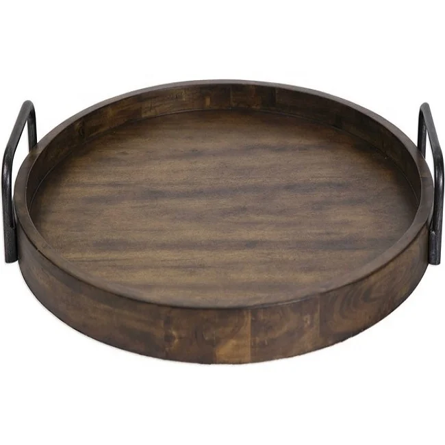 
Antique Wooden Round Serving tray With Metal Handle breakfast tray wholesaler 
