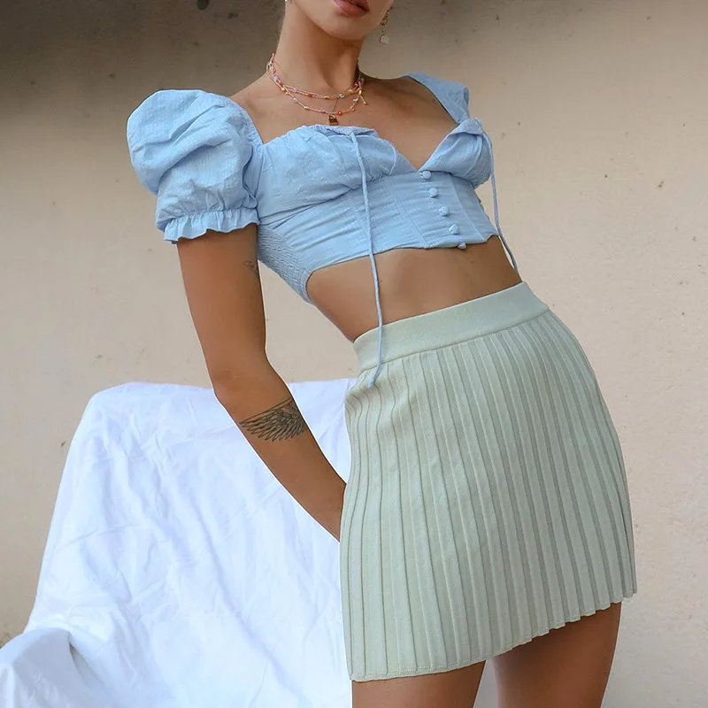 Summer women European and American personality knitted striped mini sweet and sexy club pleated high waist hip skirt short