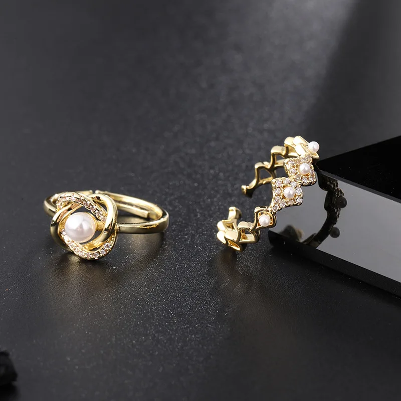 Light luxury retro fashion index finger ring geometric open tail 22K real gold plated pearl ring