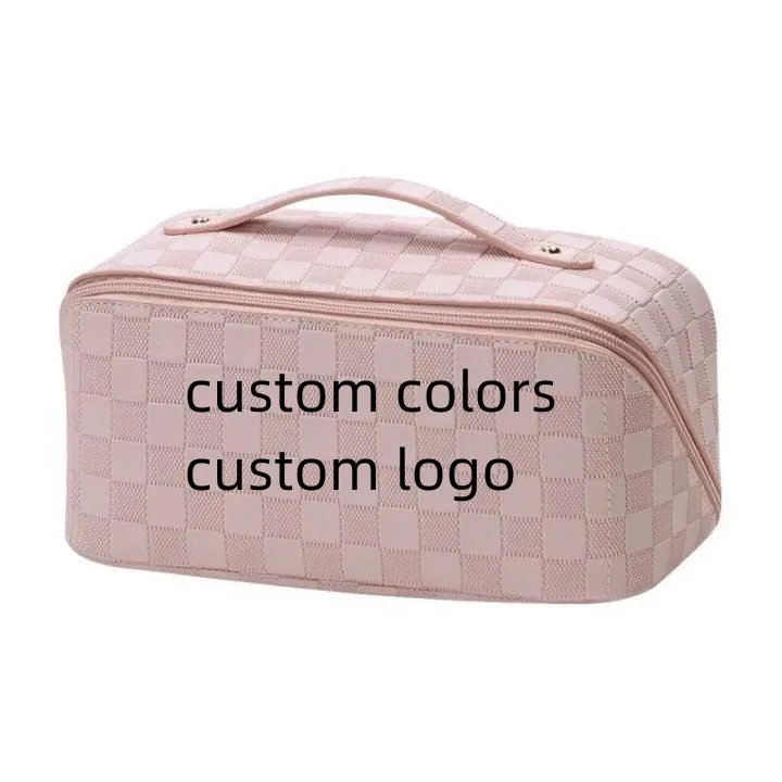 Black Large Capacity Travel Cosmetic Bag Portable Makeup Bags Travel Waterproof Leather Checkered Toiletry Bag for Women