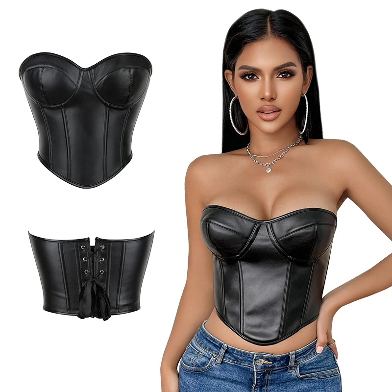 Ladies Black Waist Cincher Trimmer Body Shaper Belt Pu Leather Overbust Corset Tops Up Strapless Boned Body Shaper Bustier Top