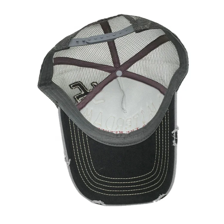 Custom Distressed Worn Out Applique Cotton Herringbone 5-Panel Sport Baseball Cap Mesh Trucker hat