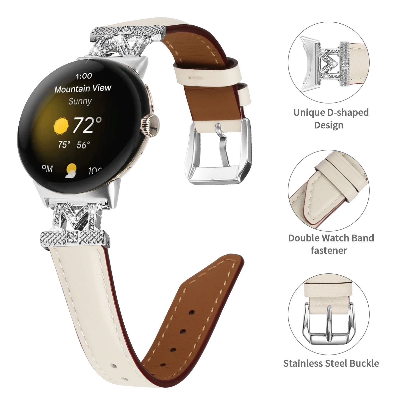 Luxury Straps for Google pixel watch M type sword tail twill Genuine Leather with Diamond Crown strap universal smart watch Band