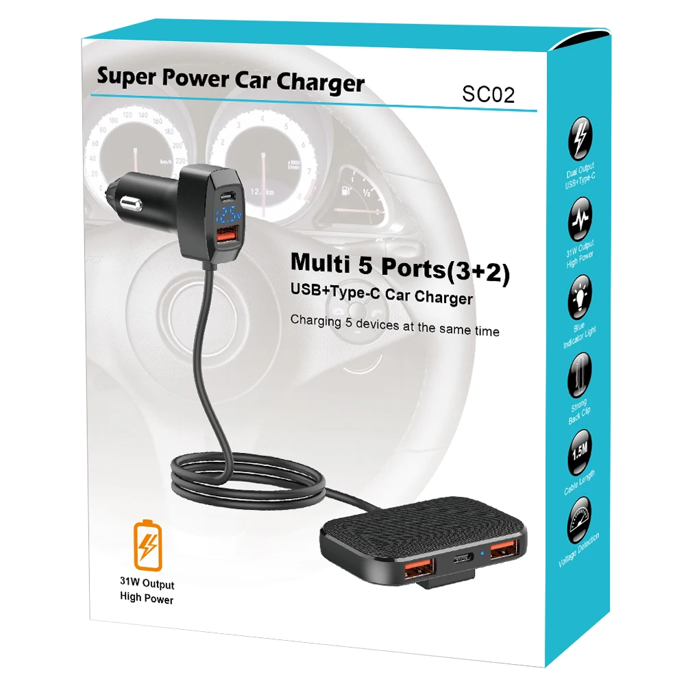 Type-C USB Car Charger 5 Charging Port Extend Charge HUB High Power 31W Charger for Multiple Devices