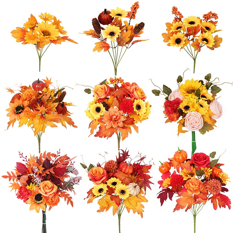 Autumn Cross-Border Sunflower Arrangement Floyd Rose Harvest Festival Simulation Christmas Home Decor Silk Maple Leaf Bouquet