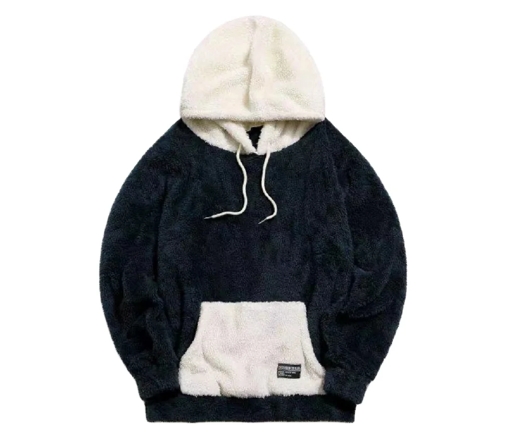 Manufacture customization color block fluffy fleece hoodie for men