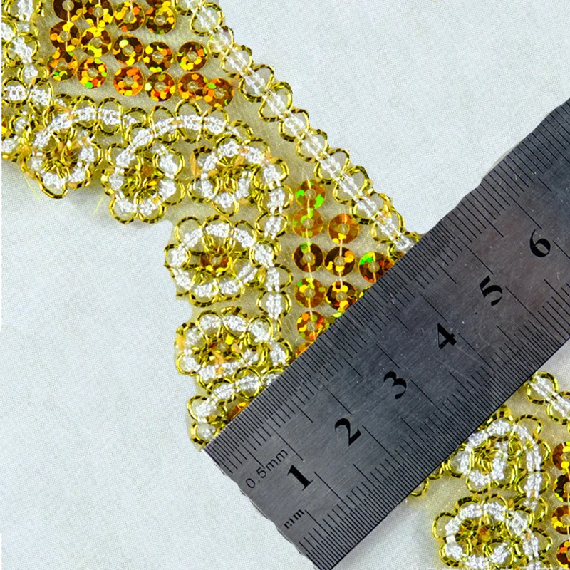 Factory cheap lace sewing polyestic fabric decorative net mesh embroidery triangle sequins fabric sequined lace trim 4.5cm wide