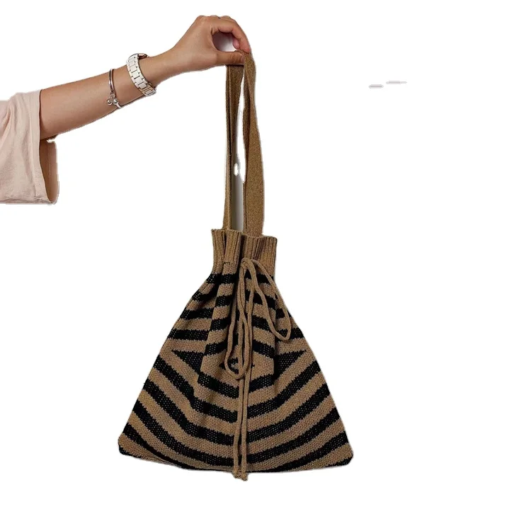 Winter&Autumn Crochet Shoulder Bag Large Capacity Shopping Handbag Drawstring Wool Knitted Tote Bag