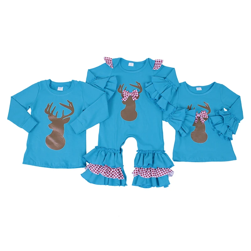 
Boutique Fashion Shirts High Quality Christmas Style Reindeer With Bow Ruffle Sleeve Baby Gril Top 