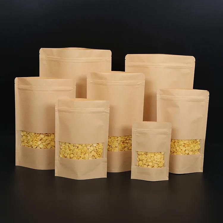 Resealable Zip lock Brown Kraft Paper Doypack Standing Up Pouches Food Packaging Bags With Clear Window and Zipper