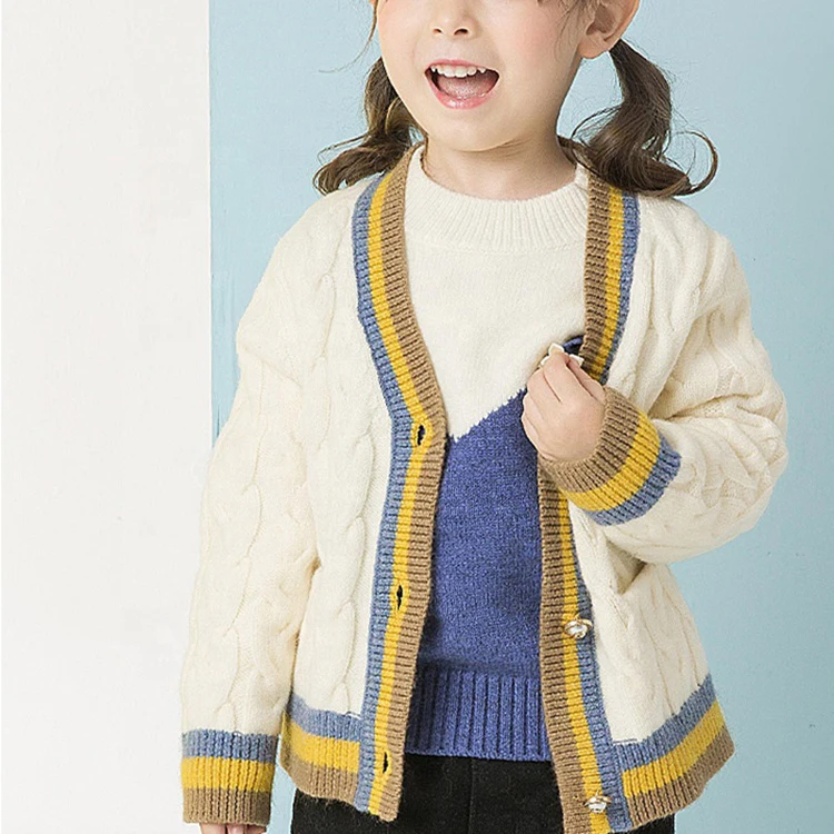 Органический вязаный свитер с V-образным вырезом на пуговицах для младенцев полосатый вязаный свитер для маленьких девочек с карманами