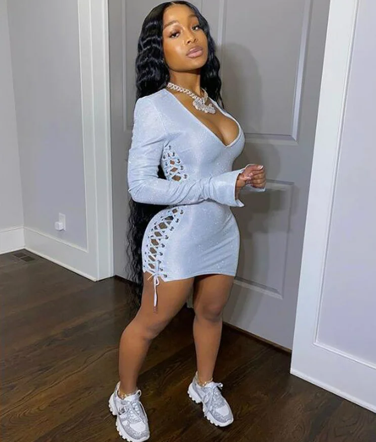 Factory Hot Sell Lace Up Deep V Neck Hollow Out Sexy Bodycon Clothes bandage dresses fall dresses for women