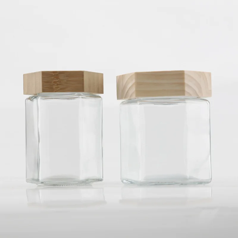 New hexagon glass honey jar with wooden cover and stick