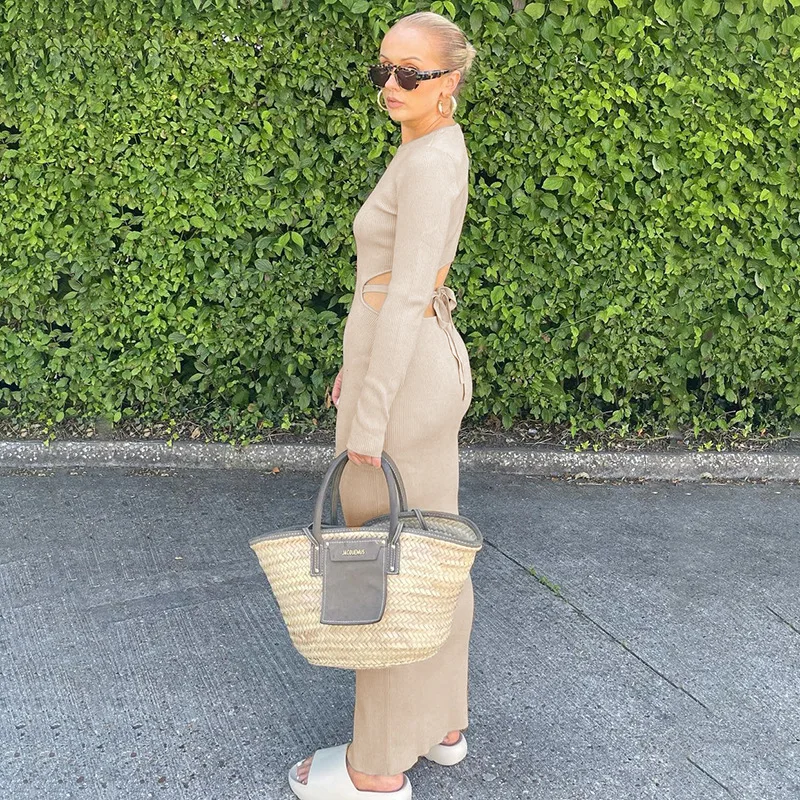 Drop Shipping 2021 New Fashion Woman Shape Black Cut Out Back Ribbed Maxi Dress Lace Up Knitted Dress