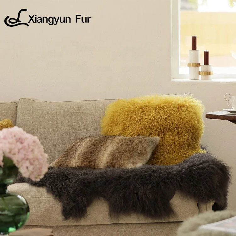 Indoor Luxury Mongolian Lamb Fur Long Skin Fur Chair Pillow Soft Mongolian Fur Pillows