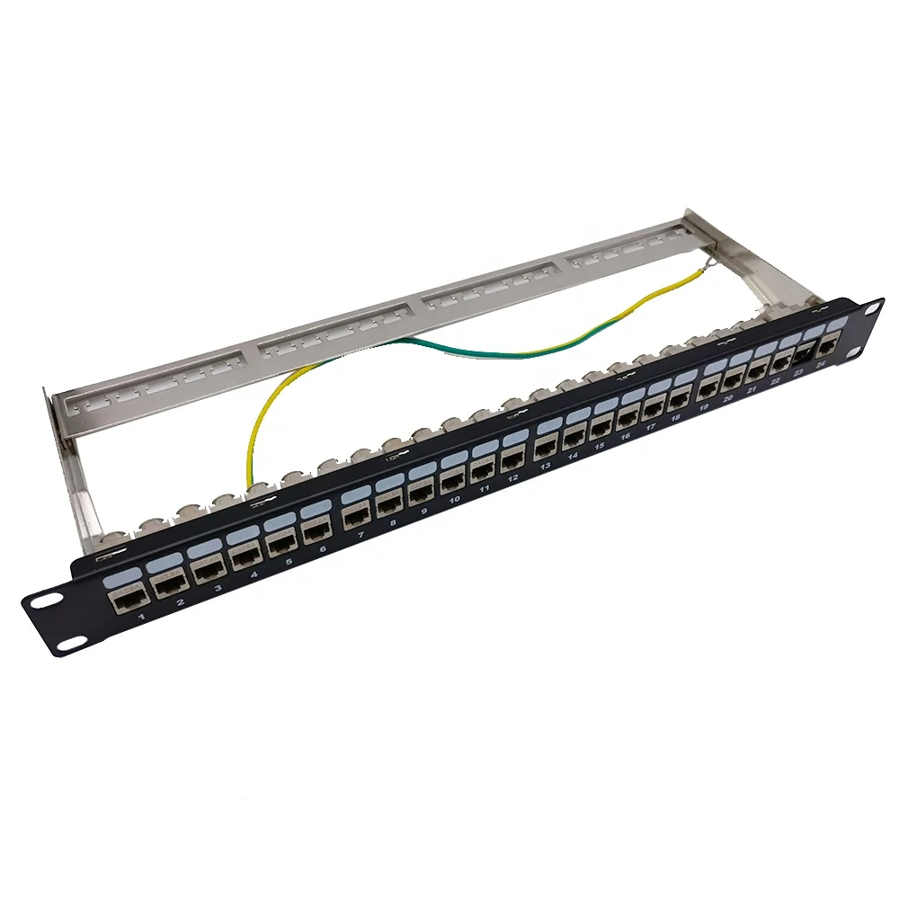 1U 24 Port Cat6a Shielded Patch Panel Loaded with STP Cat6a Keystone Jack