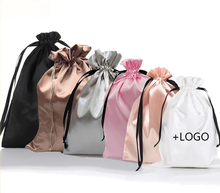 Custom Recyclable Jewelry Satin Pouch Packing Bag with LOGO cloth silk drawstring Gift Bags Hair Extension Packing
