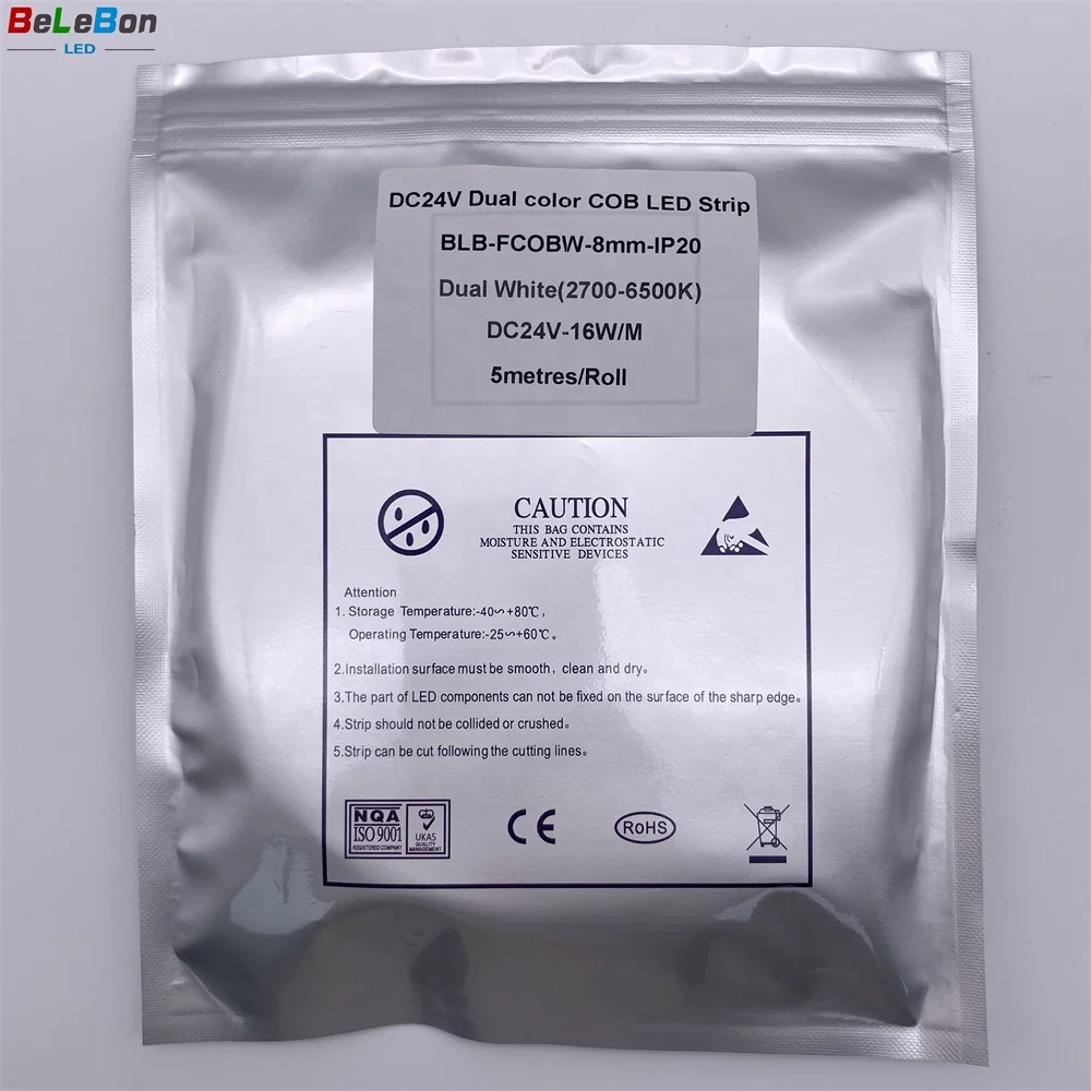 DC 12V 24V 5mm 8mm 10mm width cob CCT 2700K to 6500K dual tunable white color flexible cob led strip light