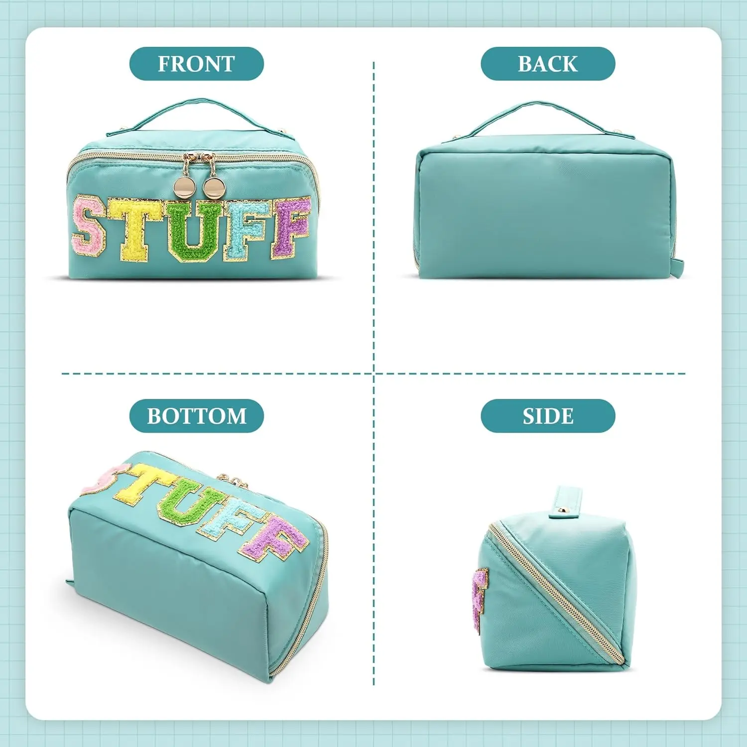 Preppy Makeup Bag, Large Capacity Travel Cosmetic Bag, Chenille Letter Open Flat Nylon Bag