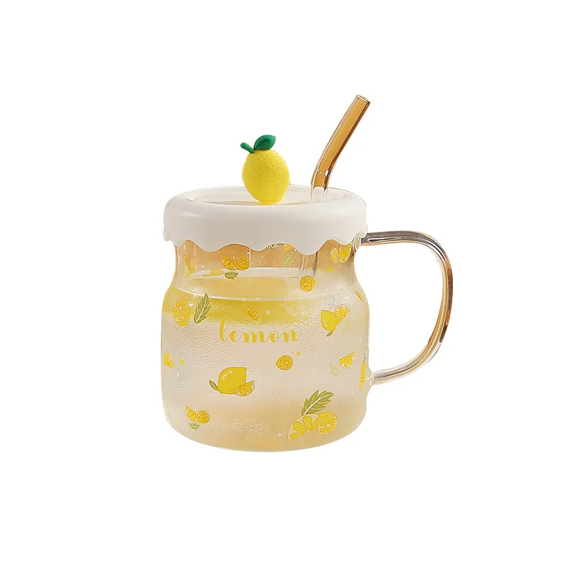 Wholesale Creative Glass Mugs Cute Fruit Glass Water Cup With Straw and Lid