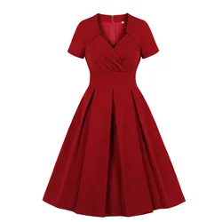 Elegant Party Red Dress VD2239 2021 Autumn New A Line V Neck Women 50s Vintage Dresses
