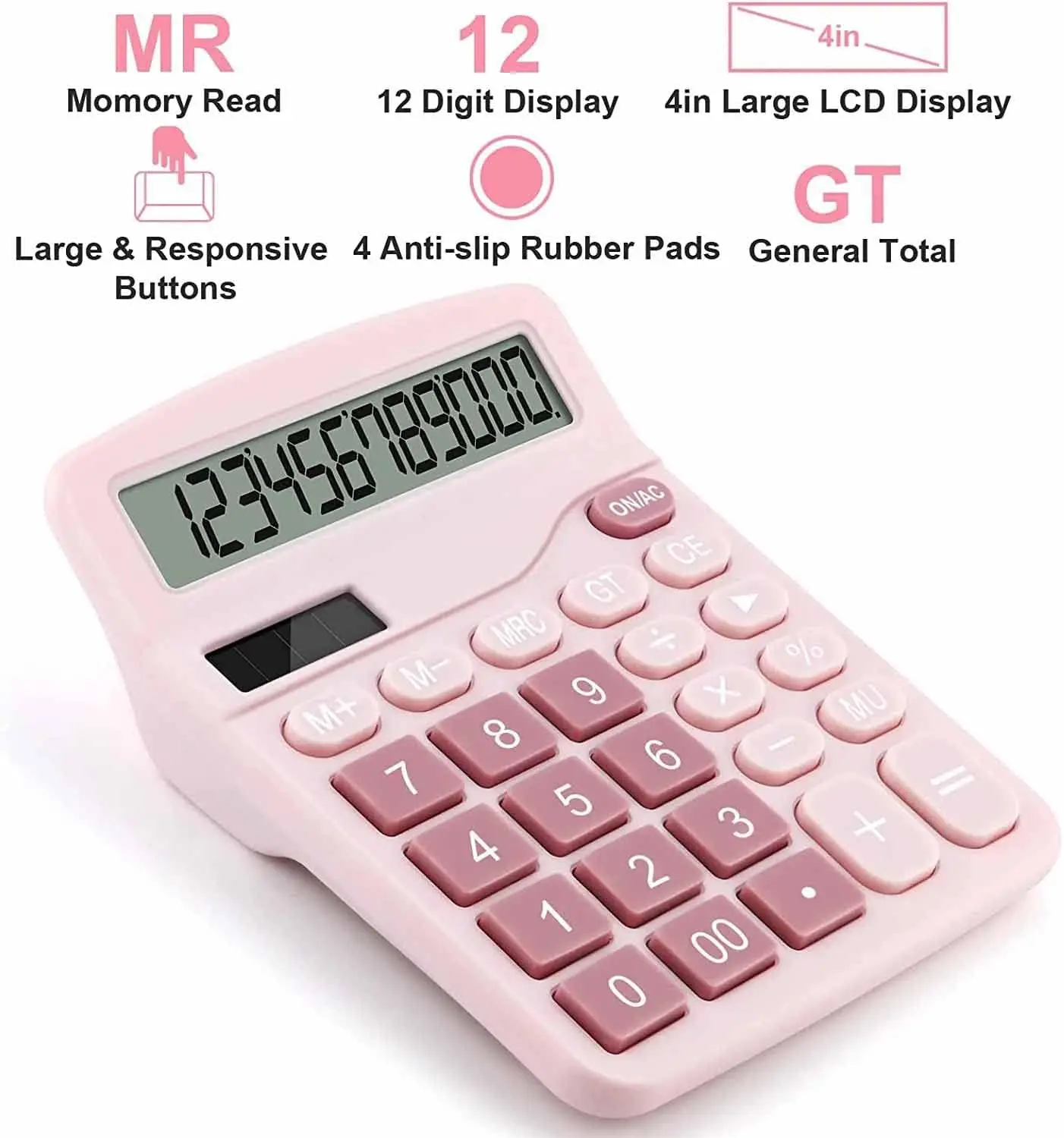 Cute Pink 12 Digits Battery Dual Power Office Desk Electronic Financial Calculator