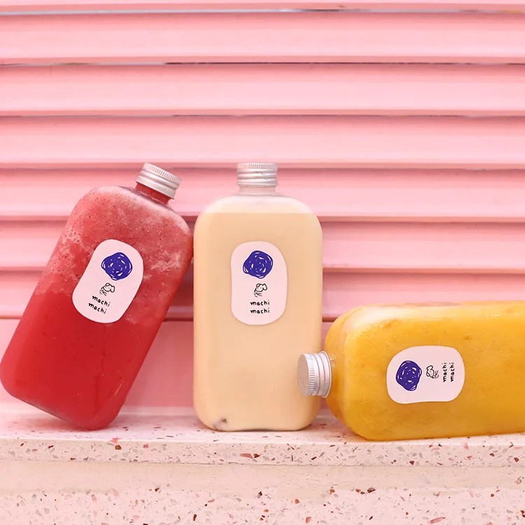 PET 300ml 400ml 500ml Flat Square Shape Beverage Bottles For Juice Business. Plastic Juice Bottles With Aluminium Screw Cap