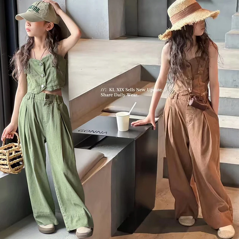 Spring Summer  kids clothes set girls 7-14 years of age  High Street Solid color Top Pants 2 Piece jean set girl Clothing