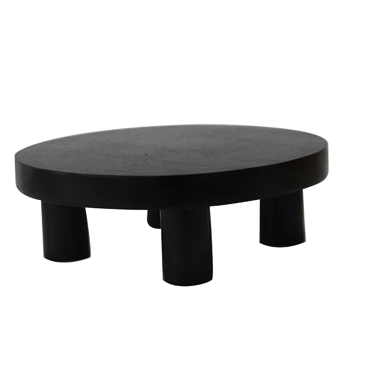 Wholesale Farmhouse Style Round Black Acacia Wood Riser Stand Footed Tray for Home Decor