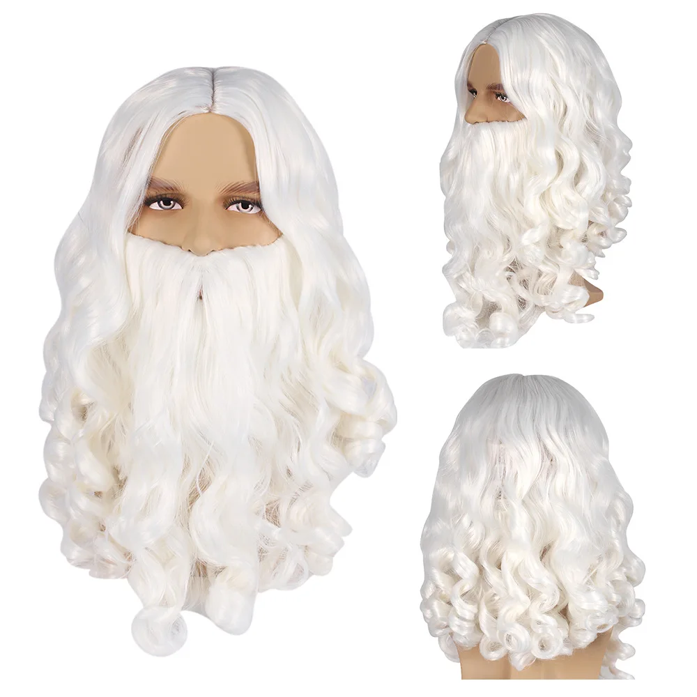 White Long Curly Synthetic Hair Santa Claus With Bearded Wig Christmas Day Wig Celebrate Christmas Halloween Cosplay Grandpa